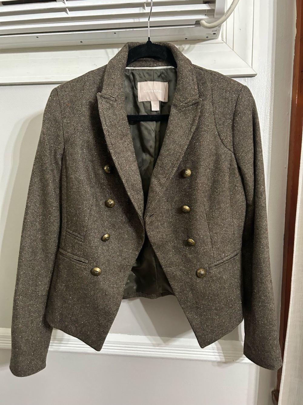 Ann Taylor Brown Tweed Double-Breasted Blazer with Gold Buttons